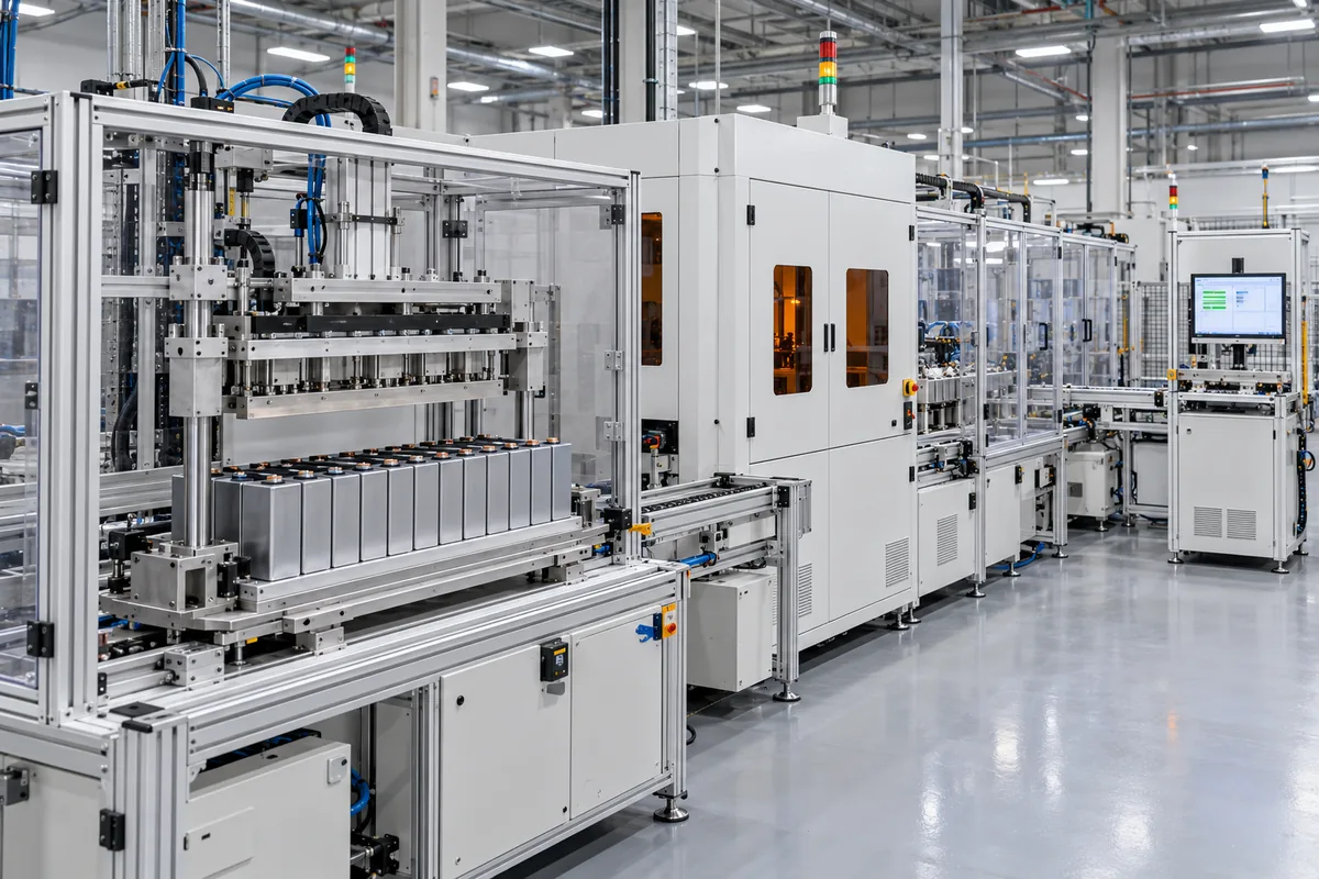 Prismatic battery module assembly line with cell stacking, guarded transfer and enclosed welding stations
