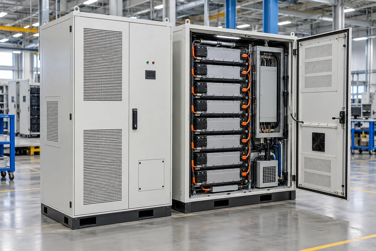 Commercial battery storage cabinets with battery modules, insulated cabling and cooling connections