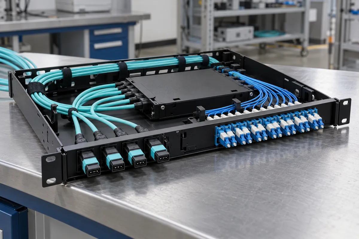 Fiber-optic patch panel with MPO trunk cables, LC patch cords and an optical cassette