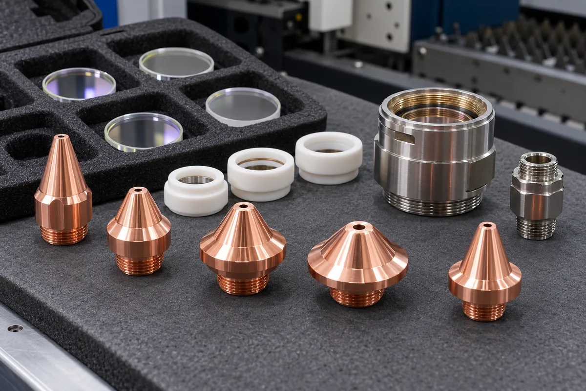 Copper laser cutting nozzles, ceramic retaining rings and protective windows arranged in clean foam pockets