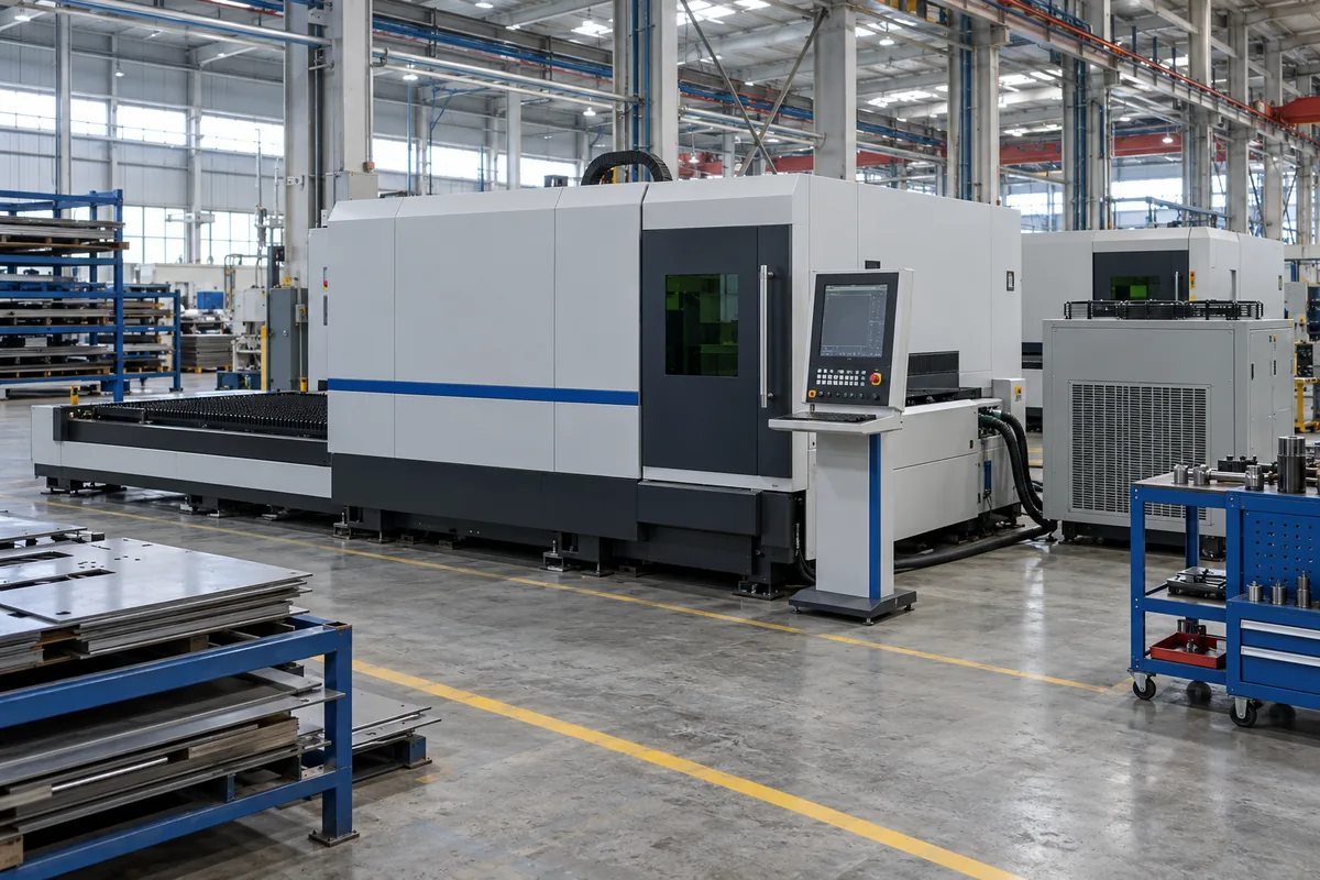 Enclosed fiber laser cutting equipment with control console, water chiller and sheet-metal racks