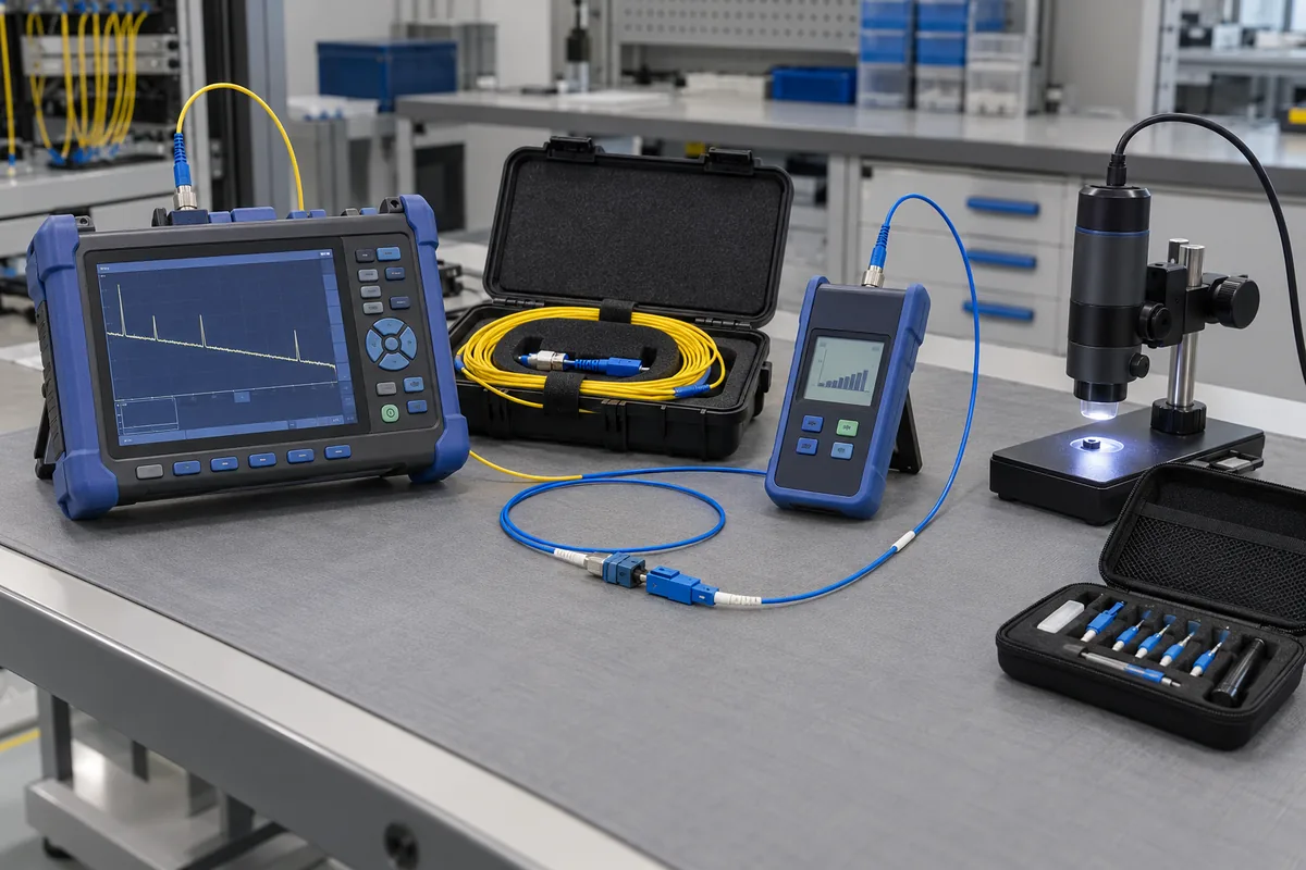 Fiber test bench with an OTDR, launch fiber, optical power meter and connector inspection microscope