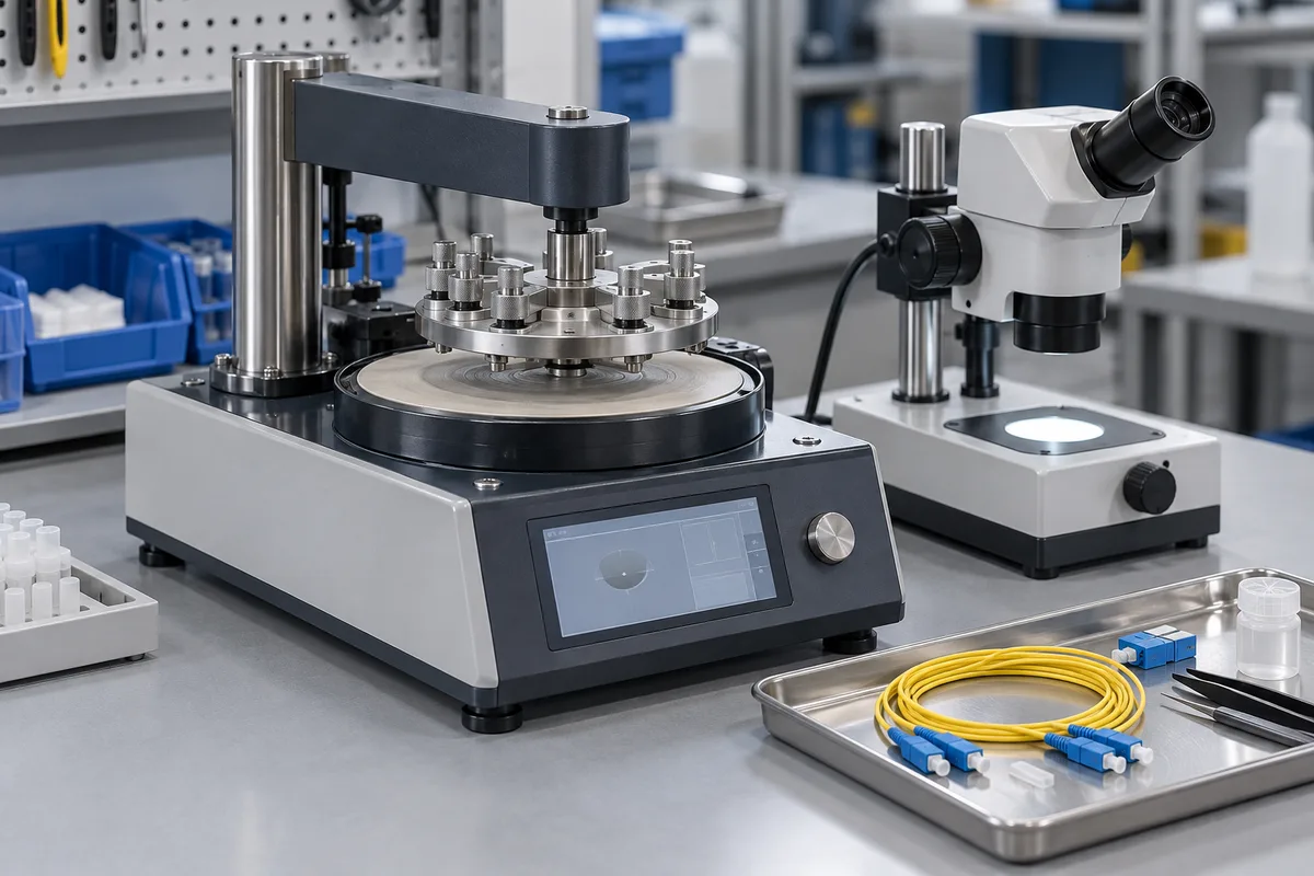 Optical connector polishing machine with a circular fixture and an end-face inspection microscope