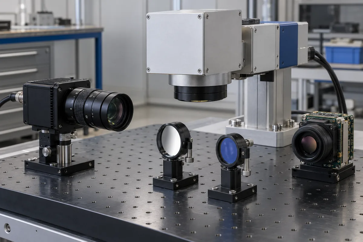 Machine-vision camera, galvo scan head, thermal camera core and mounted optics on an engineering bench