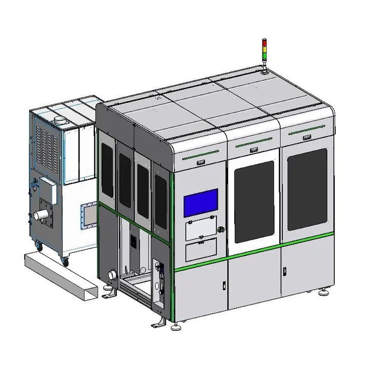 Design drawing of the Stratavolt busbar laser welding station for battery modules, with enclosure and chiller