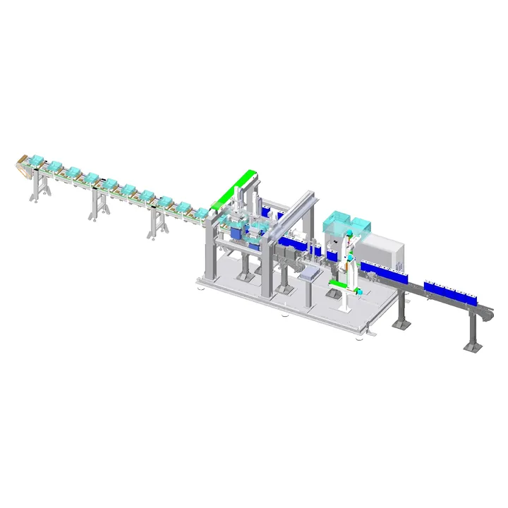 رسم تصميمي لقسم اختبار الخلايا وفرزها في خط Stratavolt، مع جسر متحرك (Gantry) وسير ناقل